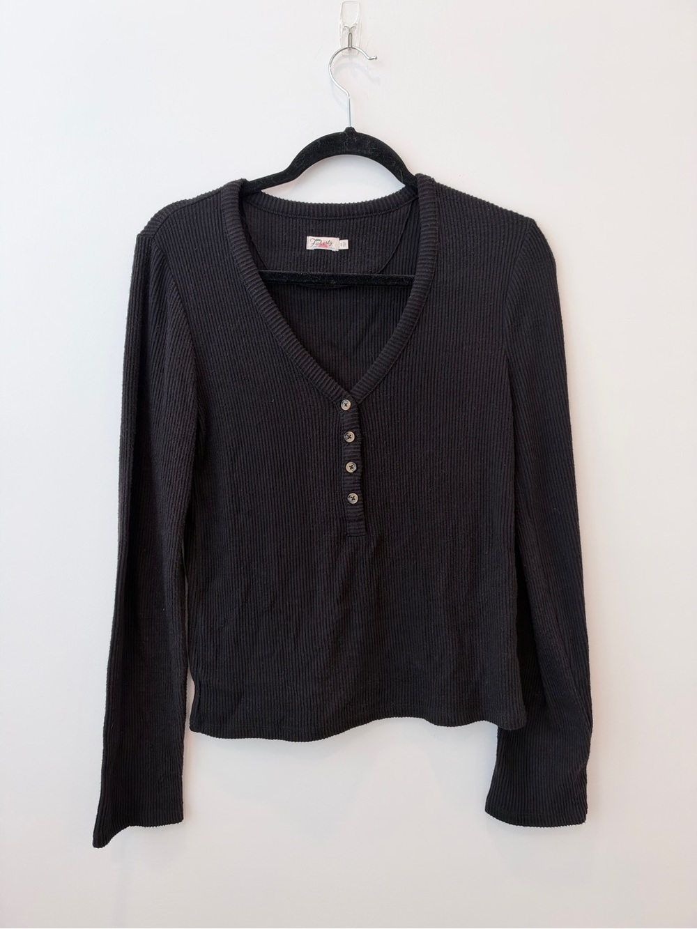 Faherty Black Ribbed V-Neck Henley Long Sleeve